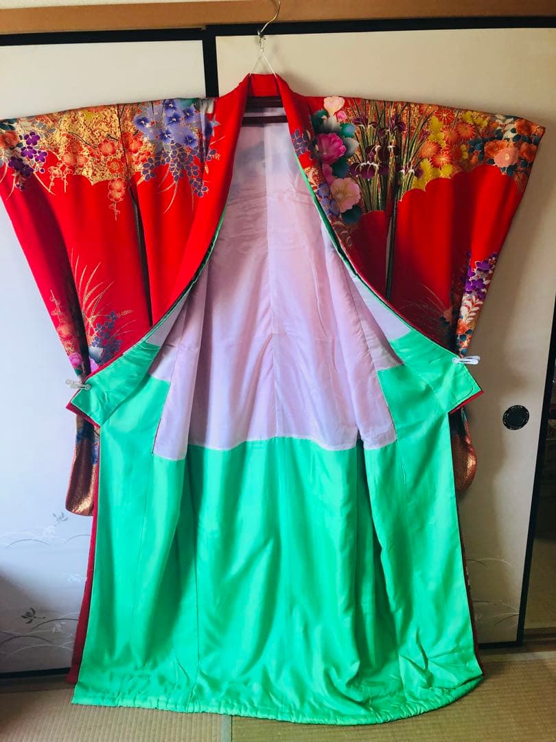 【なみ豪華美品】引き振袖　アンティーク　朱色花柄