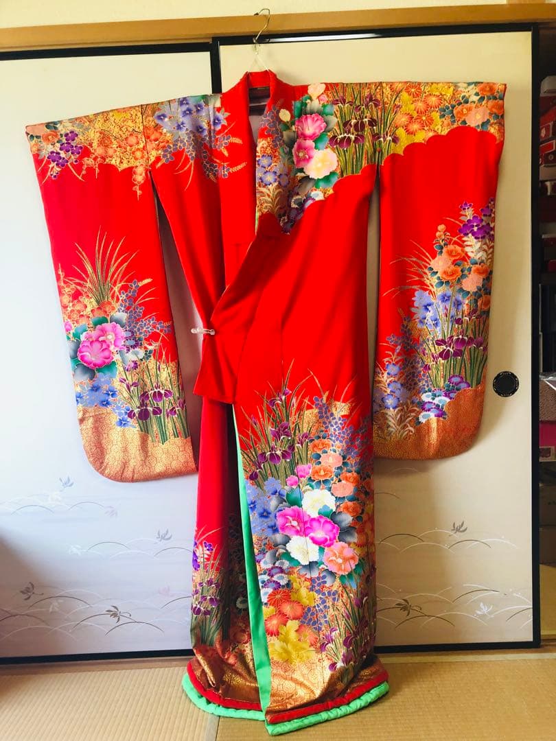 【なみ豪華美品】引き振袖　アンティーク　朱色花柄