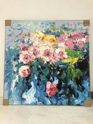 手描きリビング油絵現代シンプルヨーロッパ式レストラン玄関装飾画手作り壁画花背景大