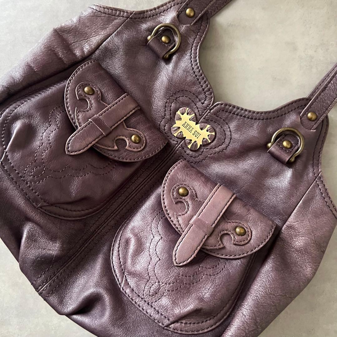 【美品】 アナスイ バタフライ レザー ハンド バッグ ANASUI パープル