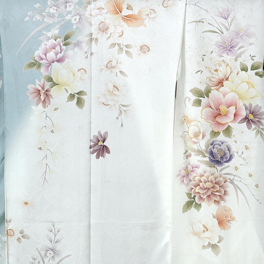 専用　ご予約　振袖　未仕立て　仮絵羽 くすみ水色　牡丹　金糸　ラメ　刺繍　成人式