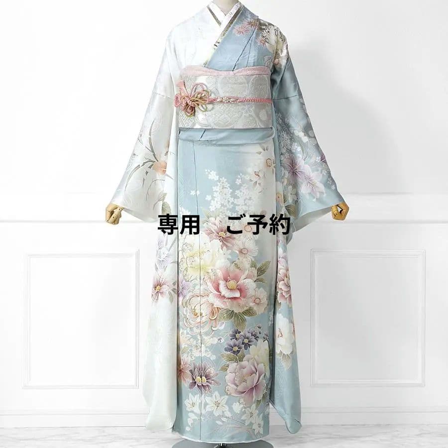 専用　ご予約　振袖　未仕立て　仮絵羽 くすみ水色　牡丹　金糸　ラメ　刺繍　成人式