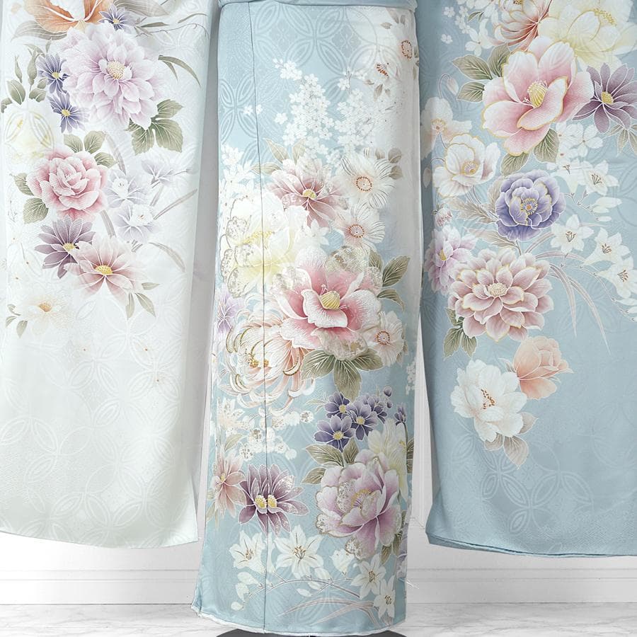 専用　ご予約　振袖　未仕立て　仮絵羽 くすみ水色　牡丹　金糸　ラメ　刺繍　成人式