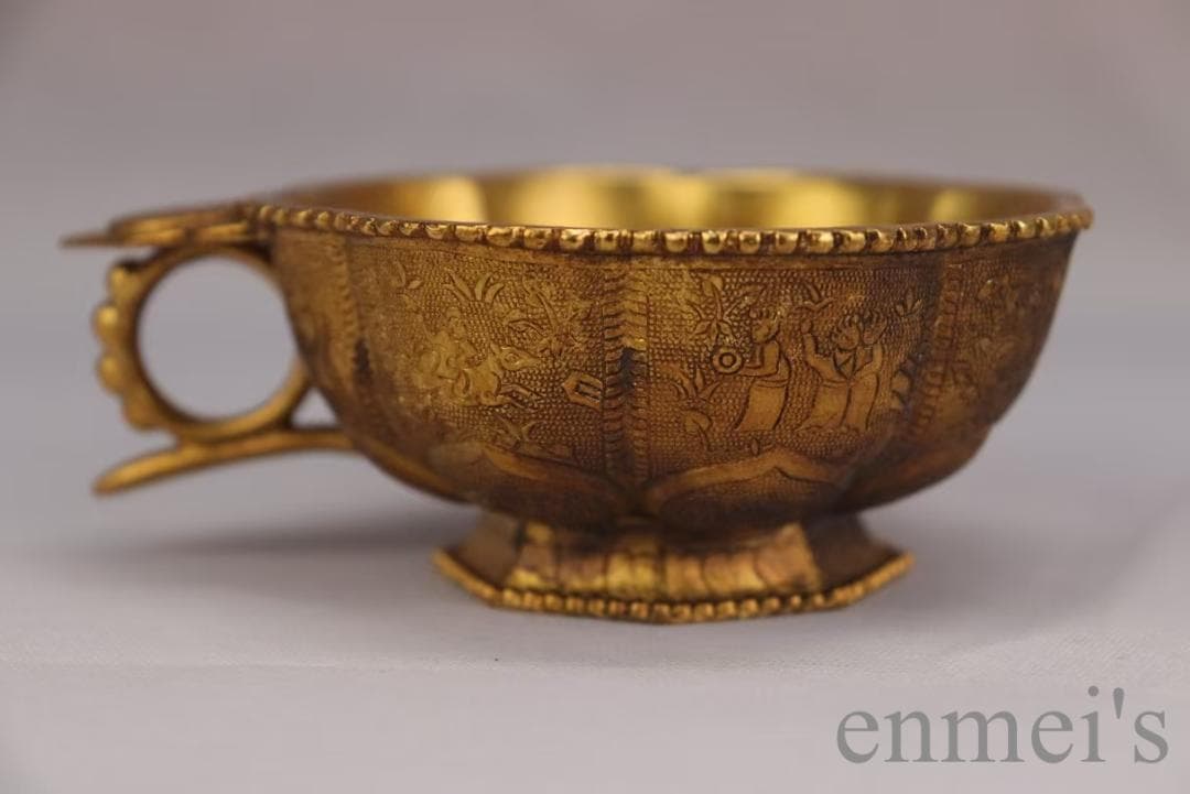 中国古美術 旧蔵 唐代 大唐貞觀款 鍍金銅酒杯 精銅製 小型酒器 文房 純手作り