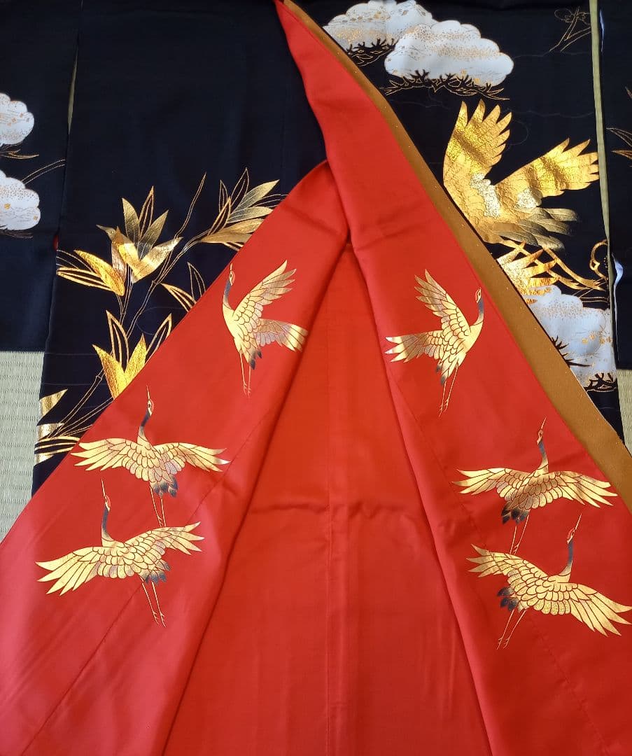 黒引き振袖 友禅作家秋山章 丸章 金彩の鶴 花嫁衣裳