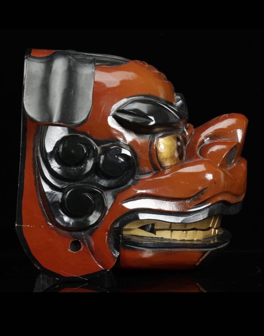 時代物 木彫獅子頭 朱漆塗金彩 幅54cm 獅子舞 神楽面 魔除 縁起物 骨董品