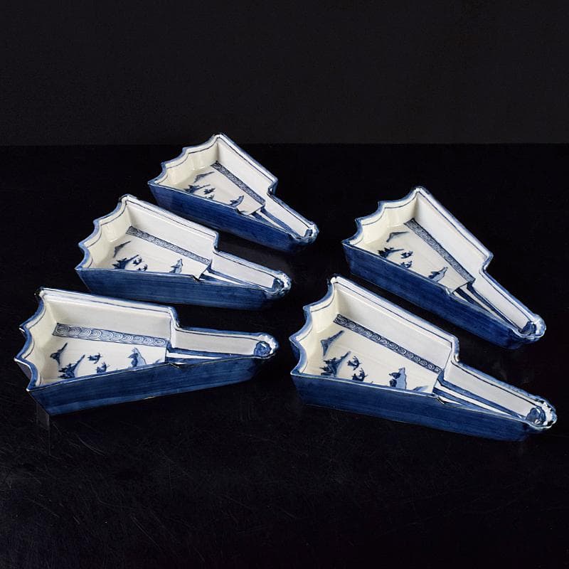 京焼　平安昭阿弥造　染付　山水文　扇面型　向付　五客　共箱　V　R9496B