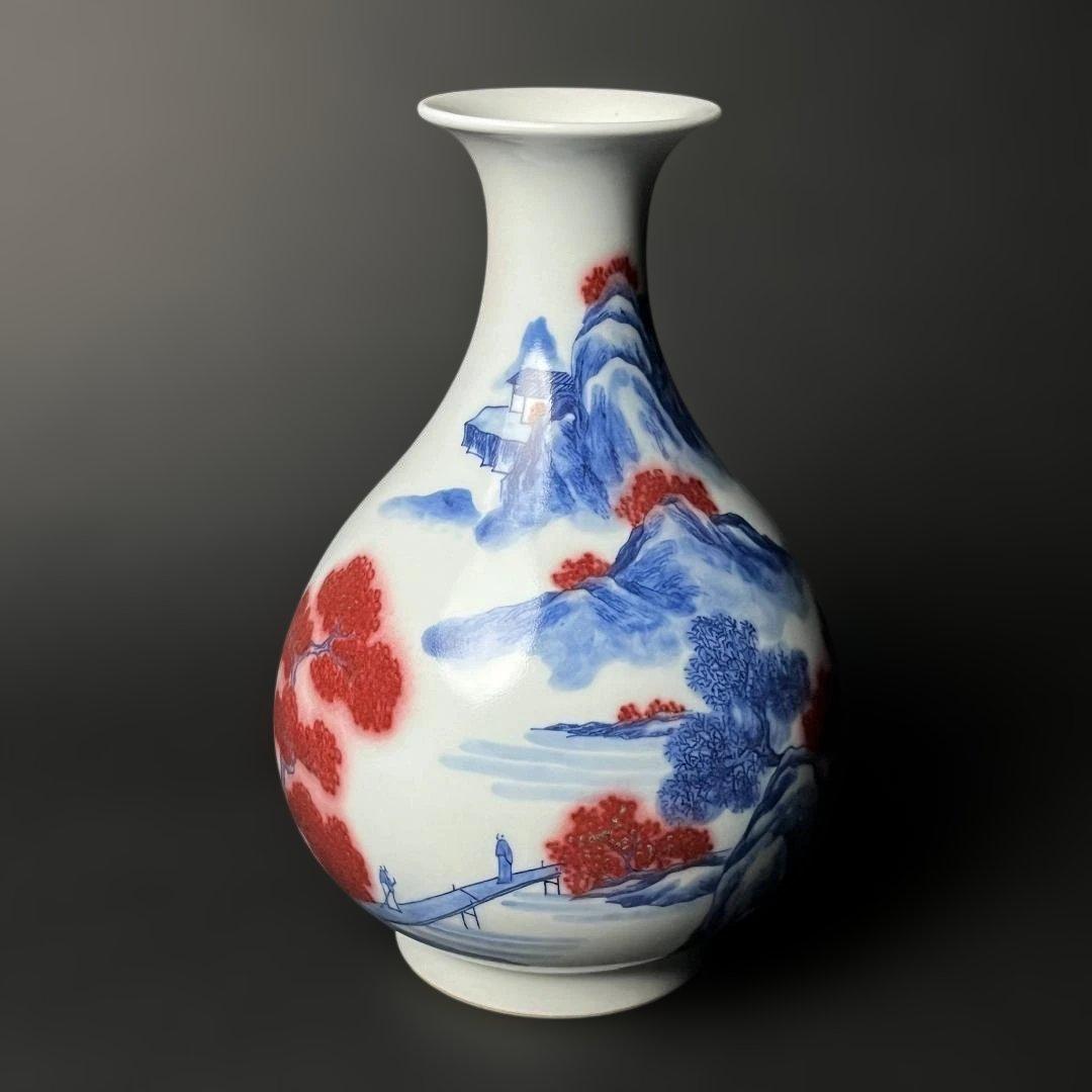 唐物 青花釉裏紅楼閣山水人物紋 玉壺春 大清康煕年製 款 中国美術古玩 S54