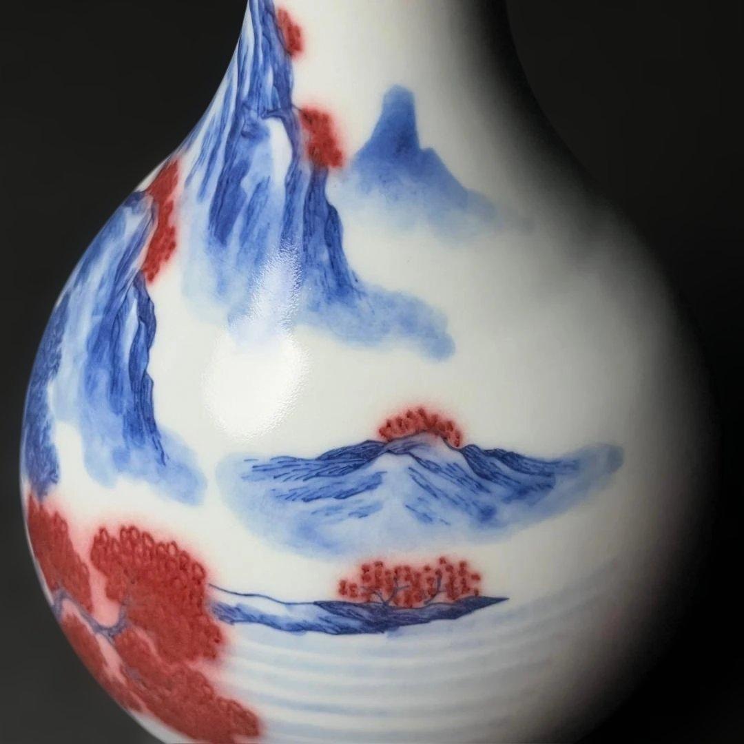 唐物 青花釉裏紅楼閣山水人物紋 玉壺春 大清康煕年製 款 中国美術古玩 S54