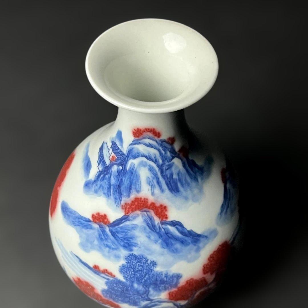 唐物 青花釉裏紅楼閣山水人物紋 玉壺春 大清康煕年製 款 中国美術古玩 S54