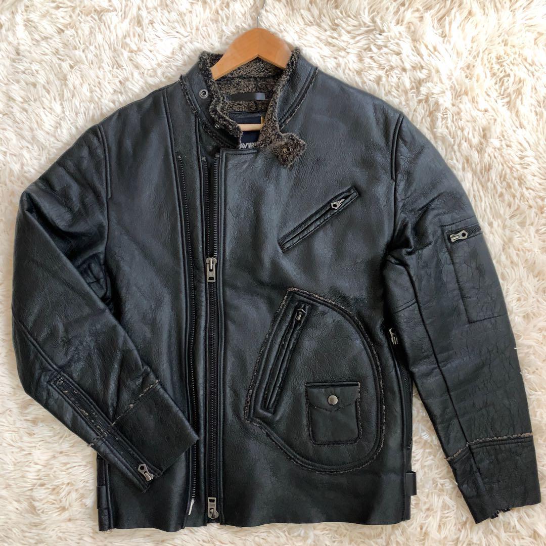 XL AVIREX ムートンレザー ジャケット ライダース 黒 ボア メンズ 革