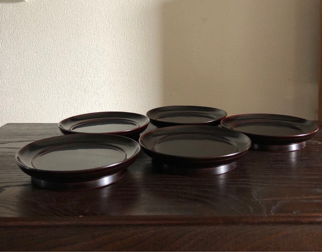 国産 浄法寺塗 木製 漆器 椿皿 楪子 銘々皿 溜塗 懐石 茶道具 5枚揃