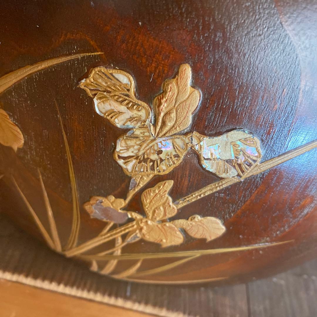 骨董　火鉢　アンティーク　あやめ蒔絵火鉢　花菖蒲　螺鈿細工　花柄　金彩　木製