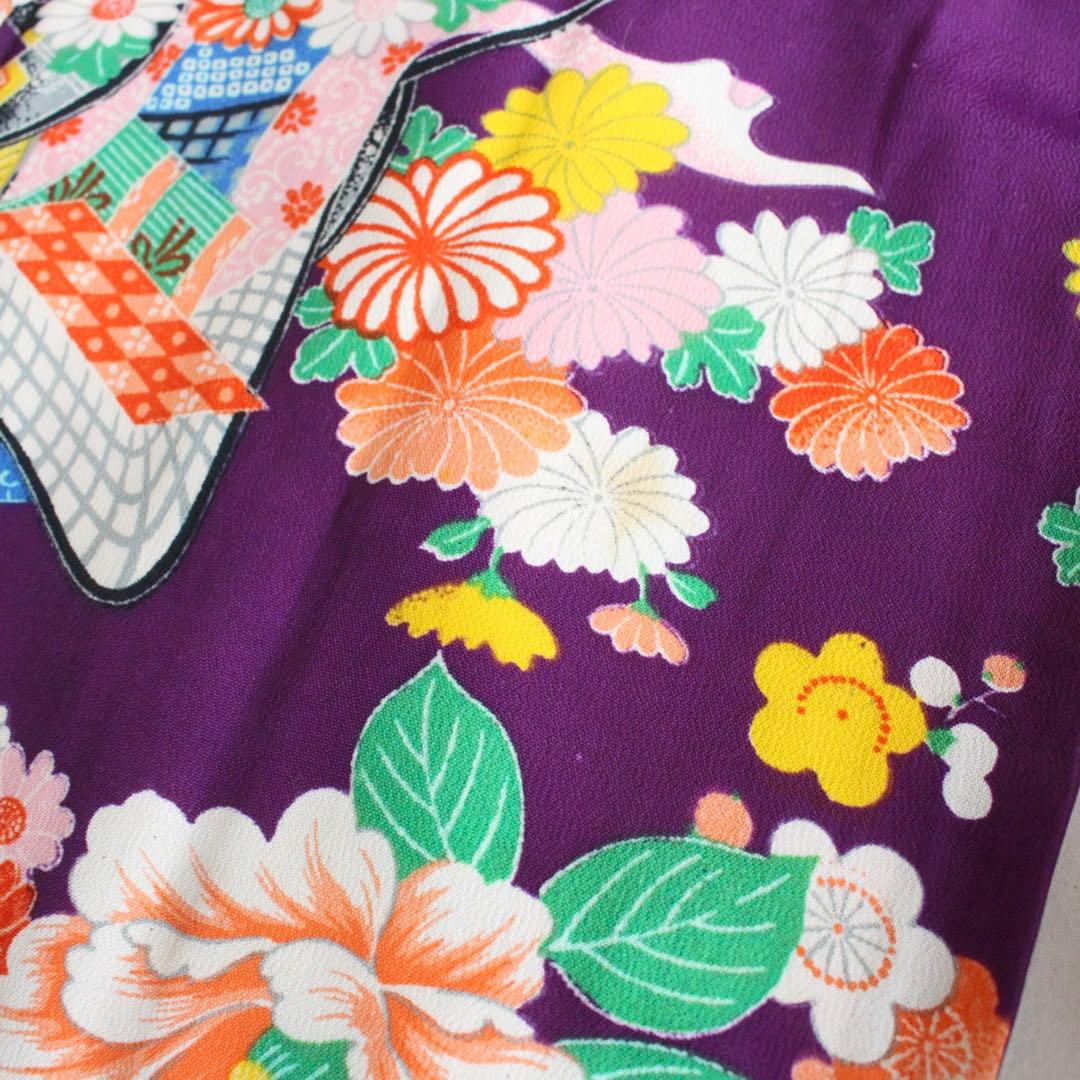 七五三 7歳 女の子 子供 アンティーク 紫 着物 帯 セット