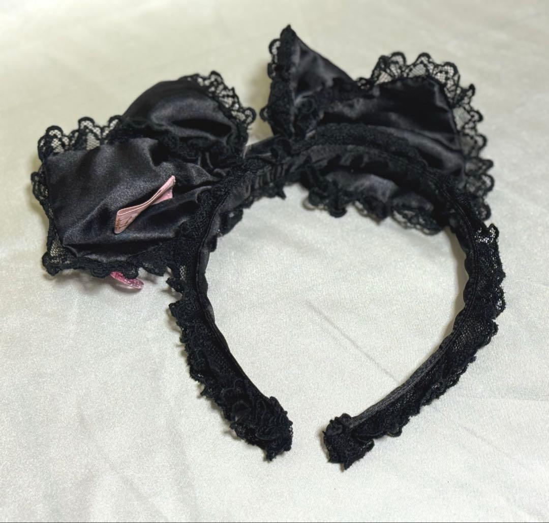 AngelicPretty♥︎ピンクハートチャーム付リボンカチューシャ 黒 ロリ