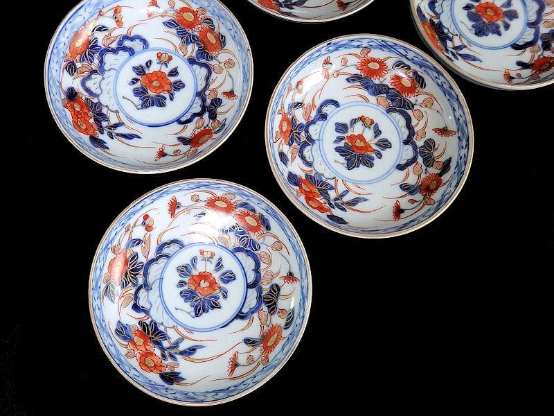 古伊万里　色絵　元禄写　菊に牡丹の図　４寸皿　５枚　 A081AS-MMv