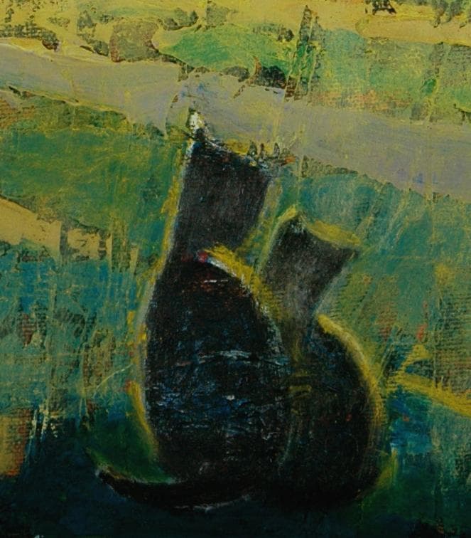 油絵菅家令子絵 絵画インテリア額付(青緑＋金色の枠)uF6-070919夕朝陽猫