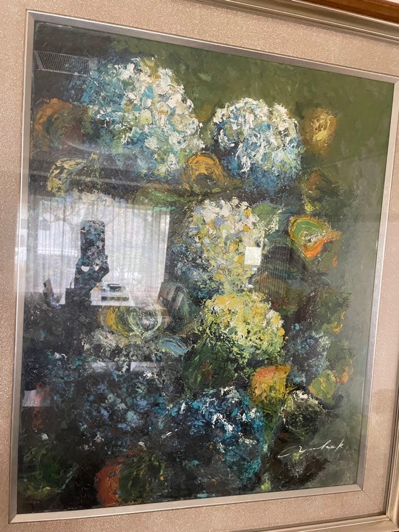 油彩 紫陽花 絵 大きめ 特大 額縁 約87×102cm インテリア 絵画