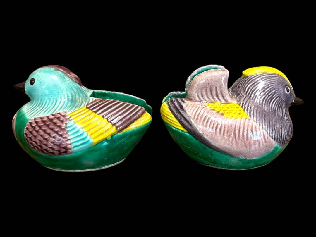 《古美術》希少 清朝時代 鴛鴦モチーフ陶器製御屏風挟(1対) 専用箱 置物