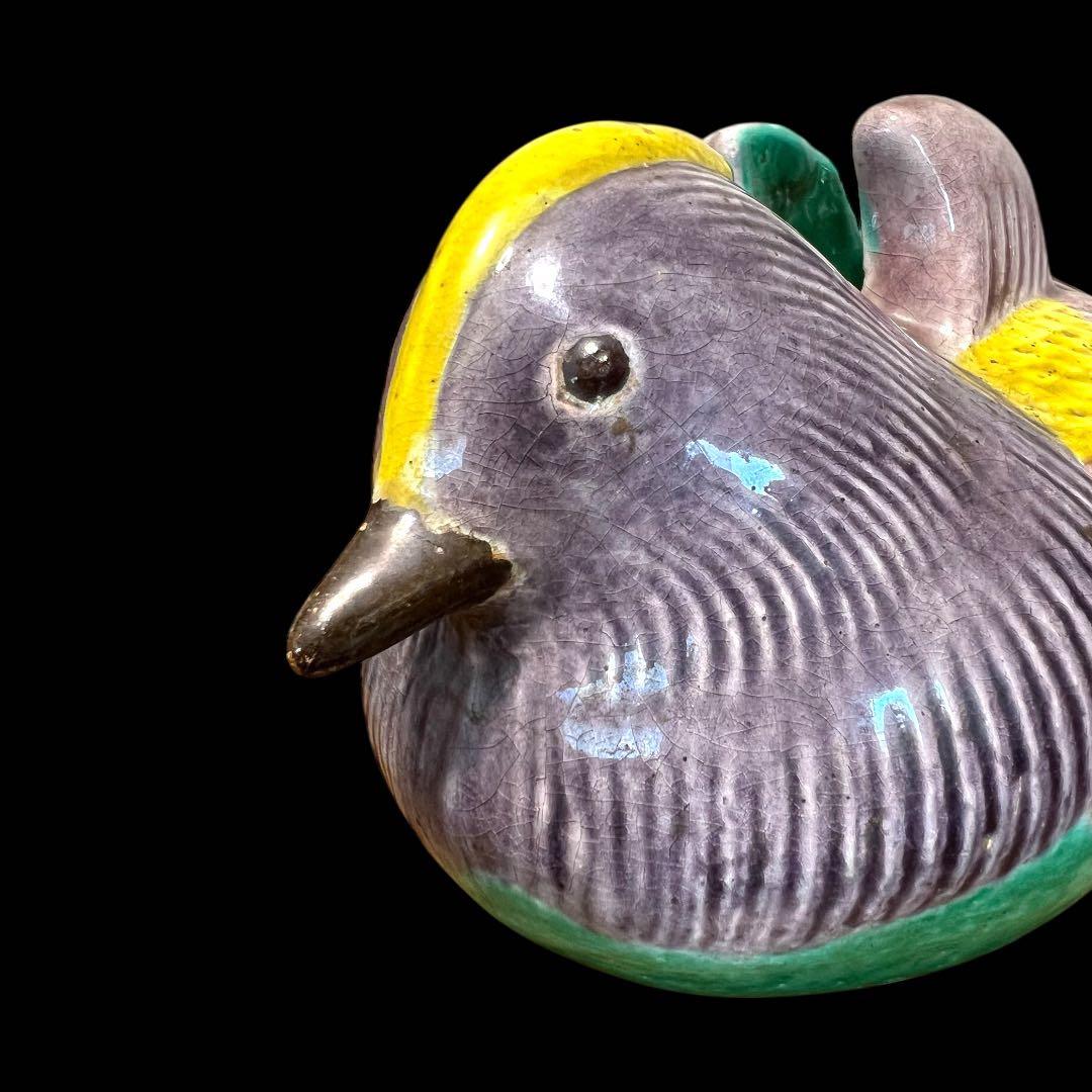 《古美術》希少 清朝時代 鴛鴦モチーフ陶器製御屏風挟(1対) 専用箱 置物