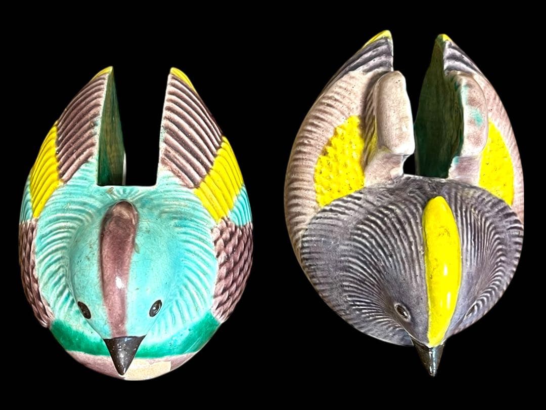 《古美術》希少 清朝時代 鴛鴦モチーフ陶器製御屏風挟(1対) 専用箱 置物