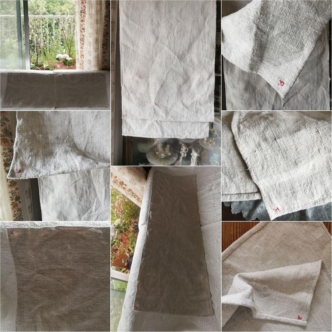 アンティーク ホームスパン ラスティックリネン イニシャルP赤糸刺繍ロングクロス