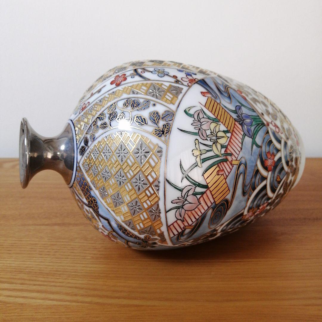 山本一洋　純プラチナ彩　琳派風菖蒲図　花瓶