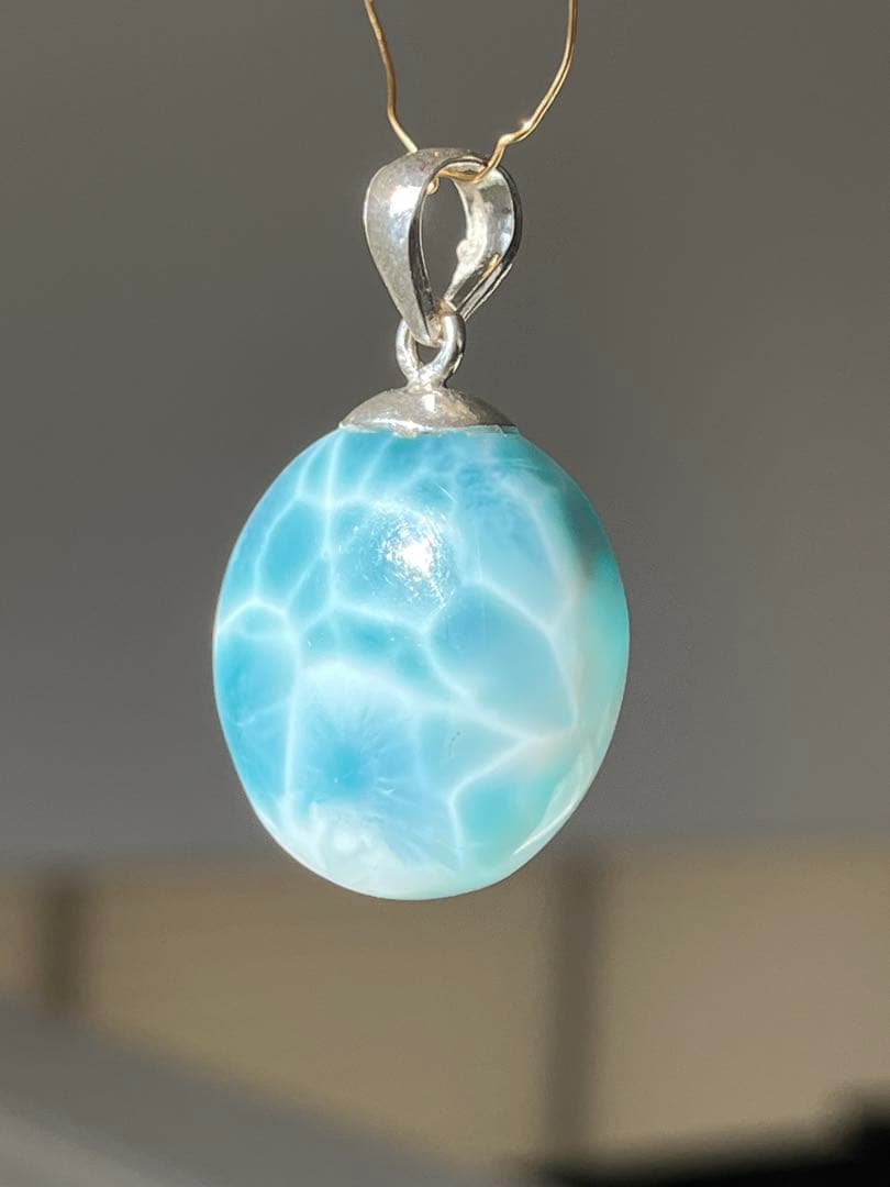 天然石☆高品質！ラリマーまる型ペンダントップ☆両面違って両面美しい！