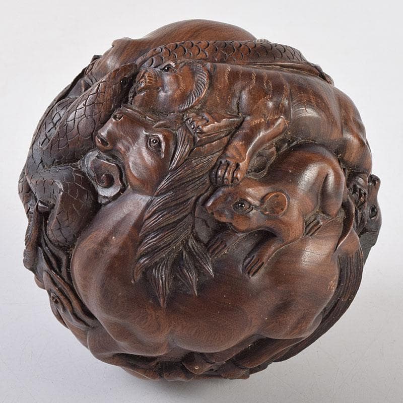 唐木彫刻　中山銘　十二支　丸玉　置物　V　R9190