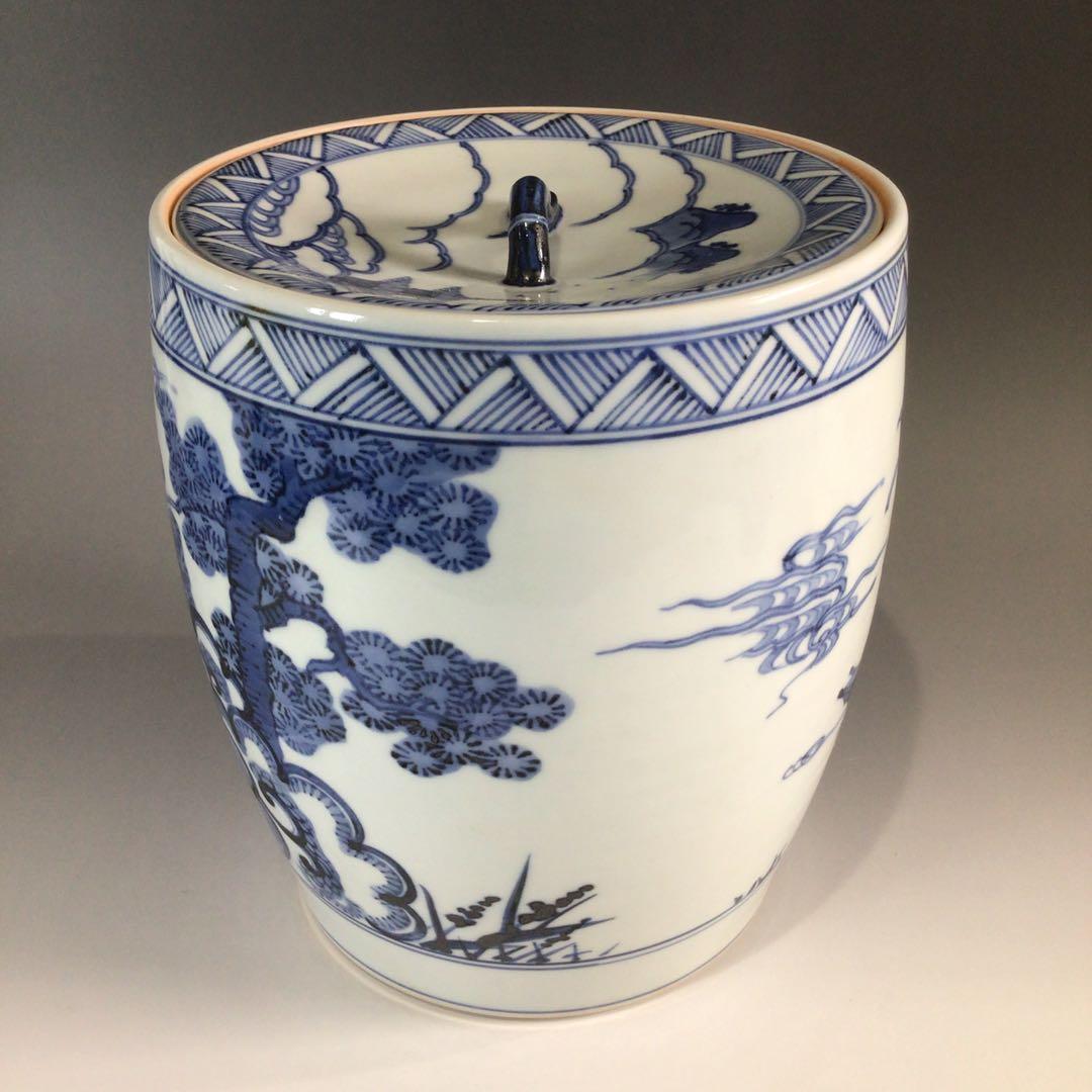 Ｐ６２５　水指　『膳所焼』『淡海ぜぜ　陽炎園造』『染付雲堂文』　共箱　茶道具