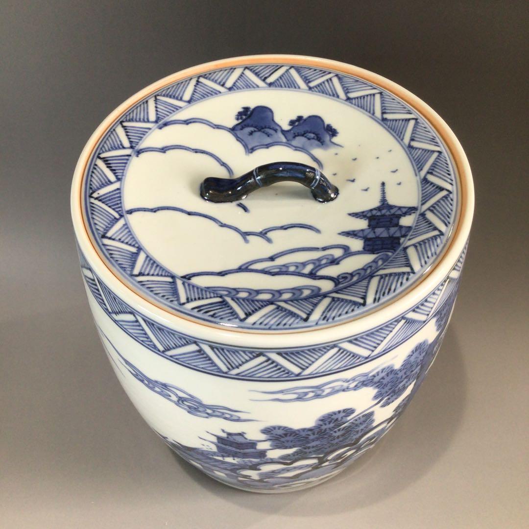 Ｐ６２５　水指　『膳所焼』『淡海ぜぜ　陽炎園造』『染付雲堂文』　共箱　茶道具