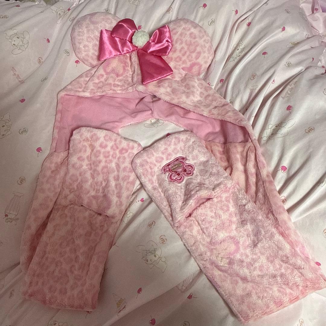 ミニーちゃん マフラーキャップ ヒョウ柄ピンク