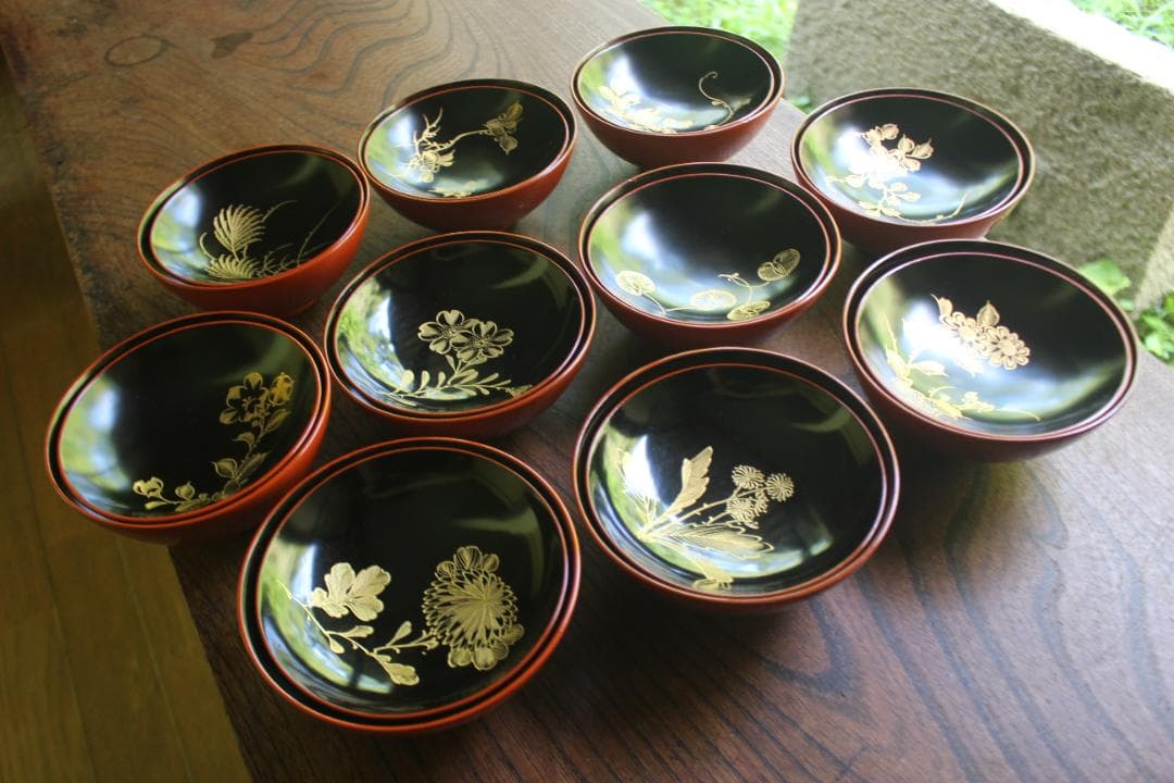 絵柄選択可！時代朱漆に優美な草花沈金のお椀10点（検輪島塗懐石椀沈金椀