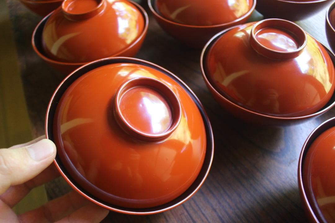 絵柄選択可！時代朱漆に優美な草花沈金のお椀10点（検輪島塗懐石椀沈金椀