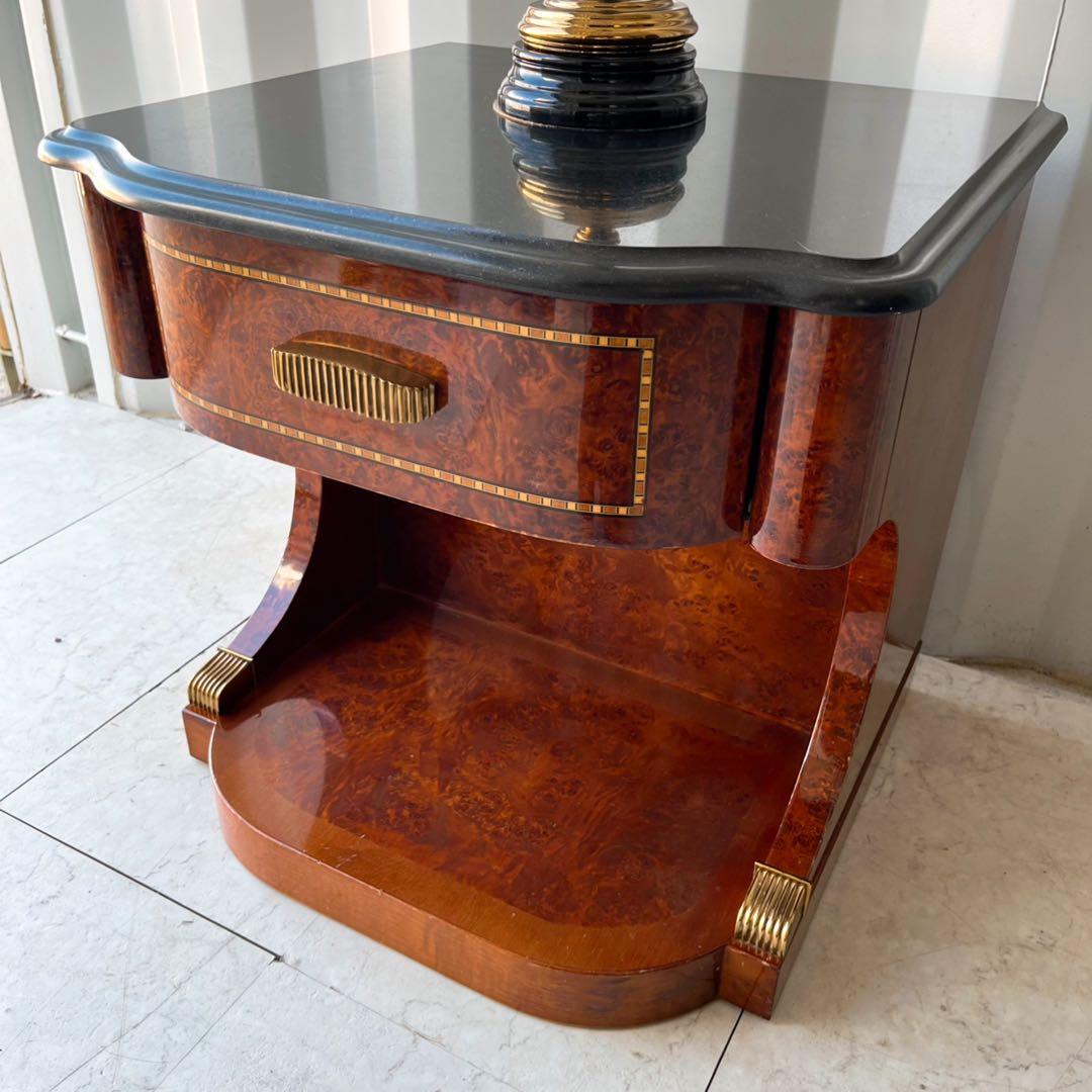 取付無料！高級ヨーロピアンアンティーク 大理石天板ライト付きナイトサイドテーブル