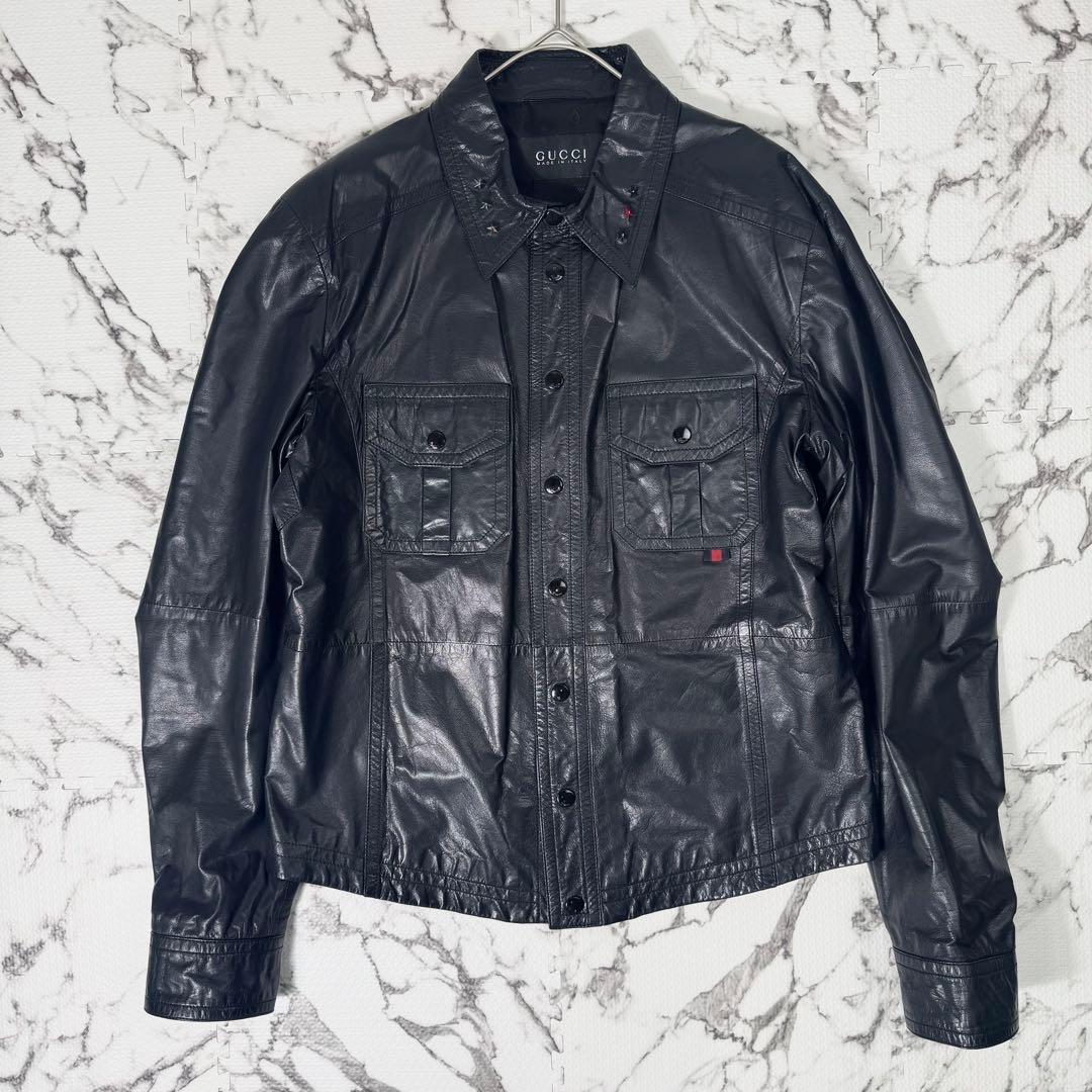 【極美品】グッチ　レザージャケット　ラムレザー　ライダース　スタッズ　裏地総柄