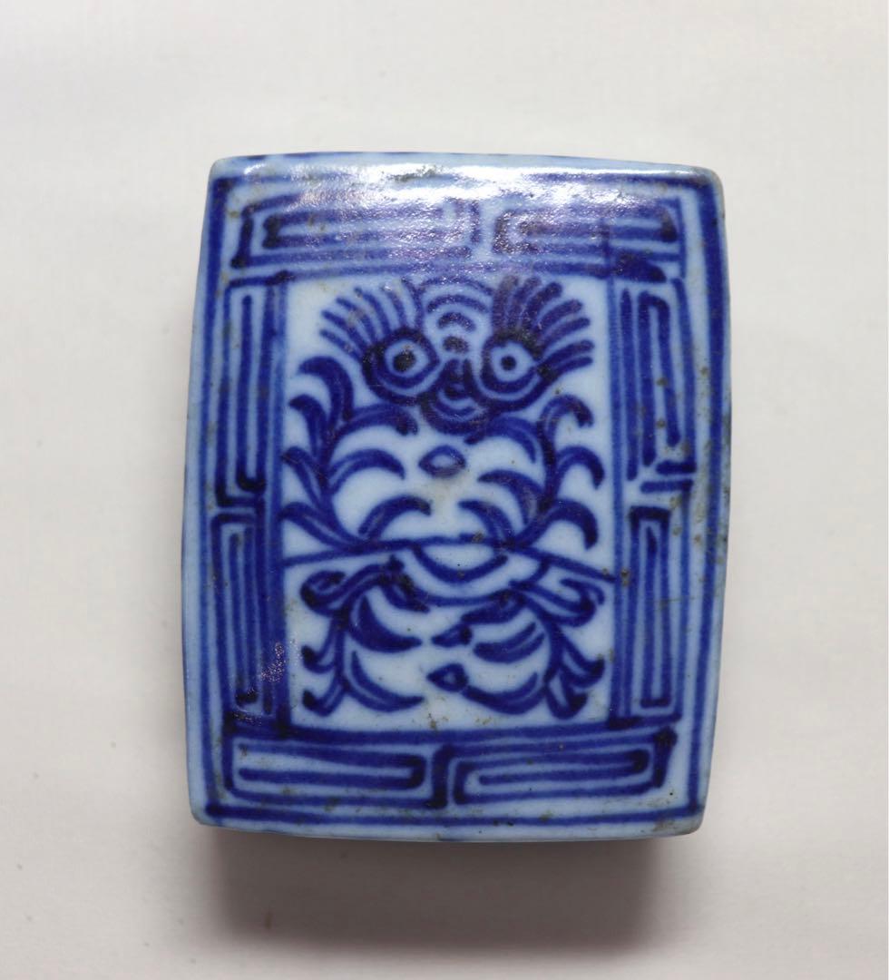 中国　清朝期　染付香合　朱肉入　アンティーク　送料込み0506