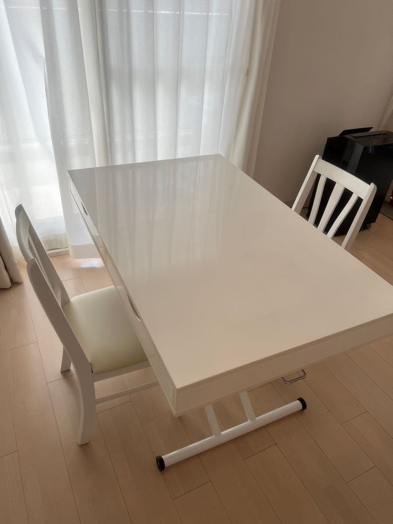 昇降式ホワイト 引き出し付きダイニングテーブル