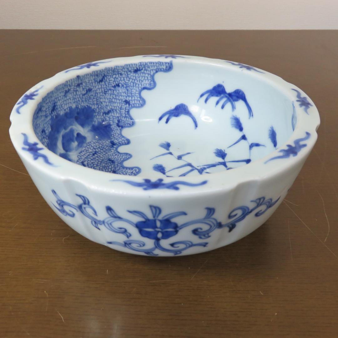 鉢 丼 微塵唐草 厚手 蛇の目 江戸 明治 ススキ 鶴