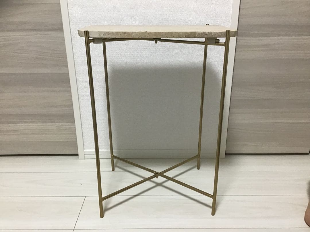 ザラホーム　トラバーチン石天板 折りたたみサイドテーブル