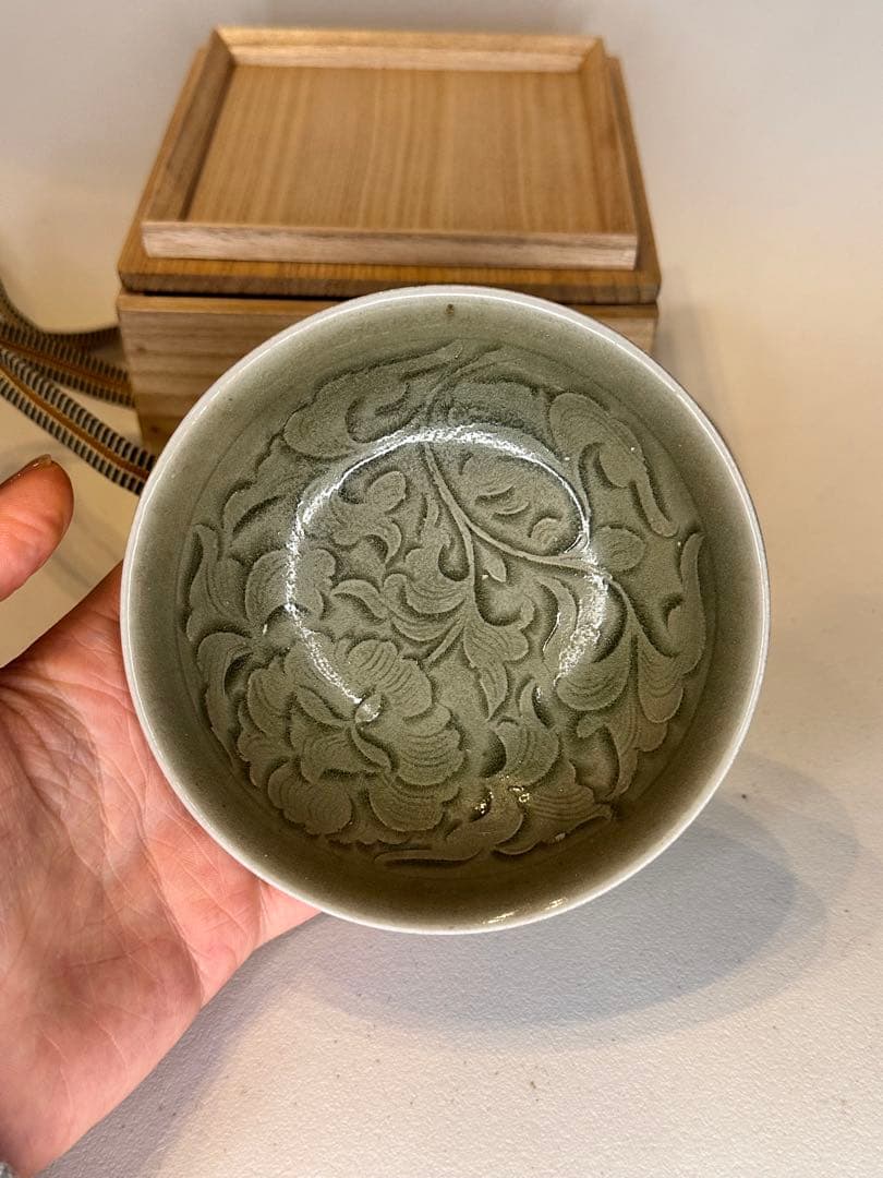 宋代 耀州窯 高台 小杯 青磁 共箱付 中国古陶磁 コレクション