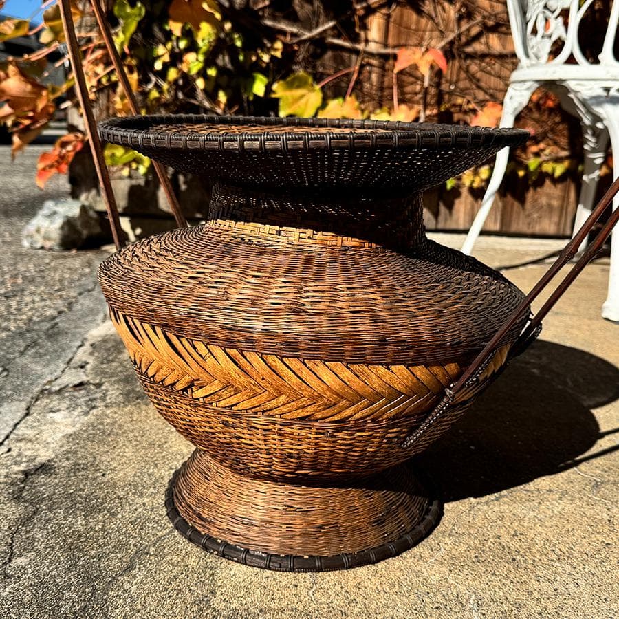 達磨牡丹籠 ダルマボタン籠 網代 茶道具 生花 中国 大花入 高さ約93cm