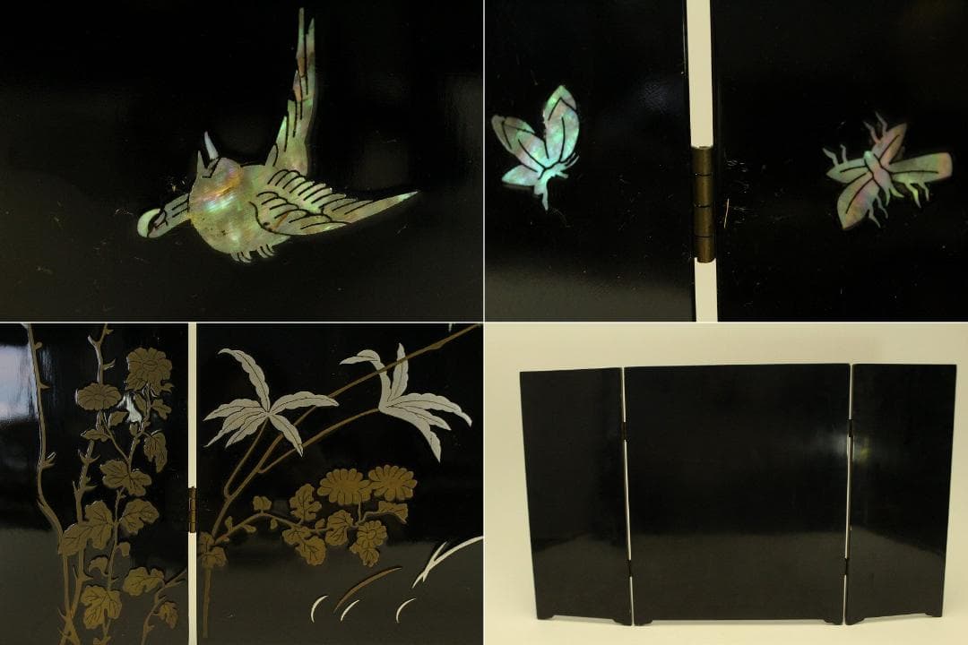 螺鈿 釣り人物 風景 飾 二枚折 置物(A973)