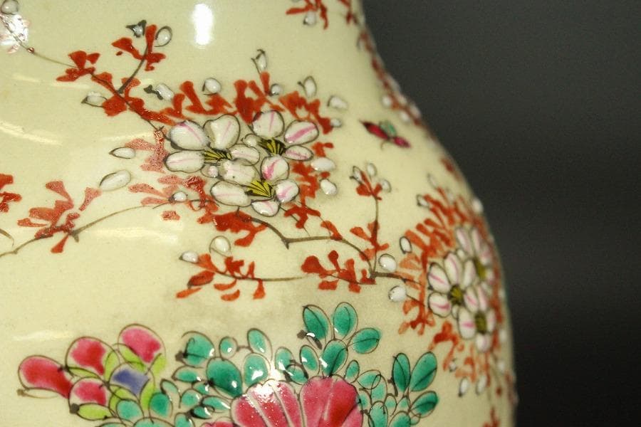 色絵 草花紋 花瓶 明治 京 薩摩 高21.6cm(LC503)