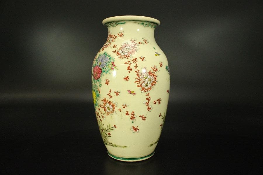色絵 草花紋 花瓶 明治 京 薩摩 高21.6cm(LC503)