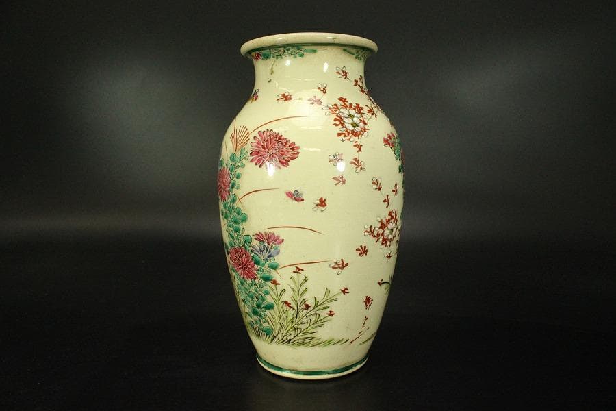 色絵 草花紋 花瓶 明治 京 薩摩 高21.6cm(LC503)