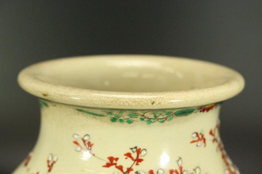 色絵 草花紋 花瓶 明治 京 薩摩 高21.6cm(LC503)