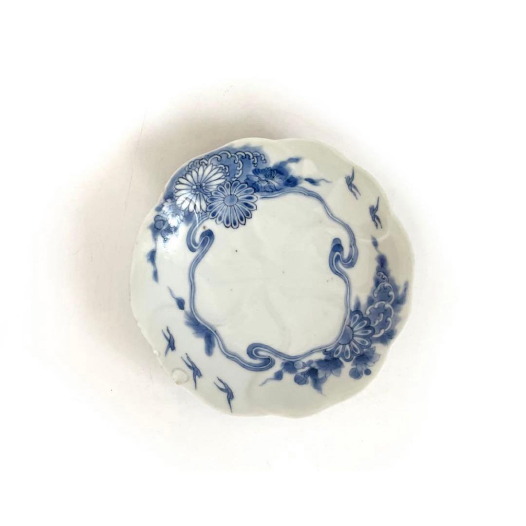 #3骨董　アンティーク　藍柿右衛門　染付　菊雲鶴文様　輪花皿　高脚皿　古伊万里