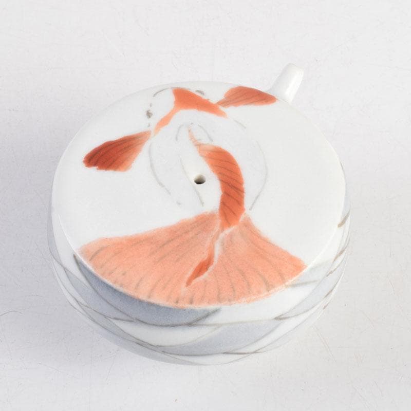 陶芸家　黒部駒子作　染付　金魚　水滴　書道具　共箱　V　8848