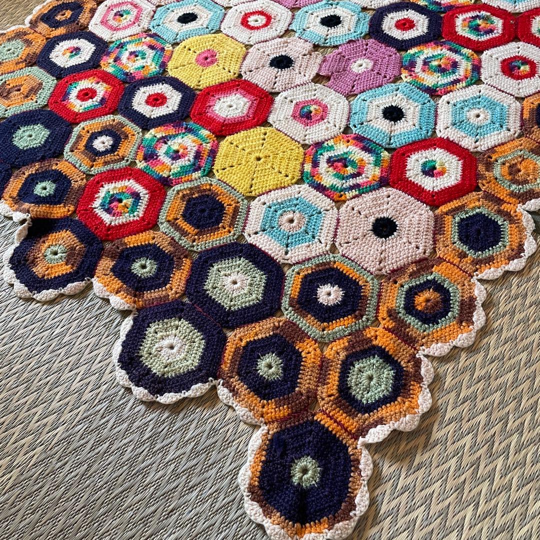 レア！60s〜70sアメリカアンティーク　多彩色ニットラグ　USAヴィンテージ